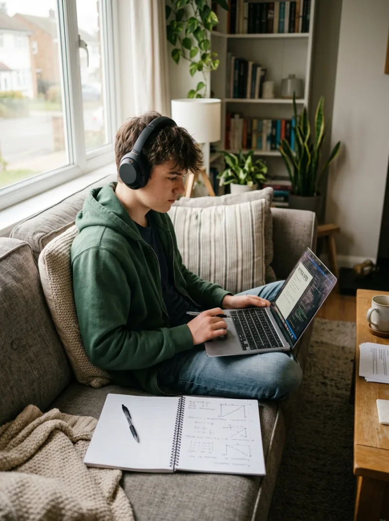 Student studying independently at home